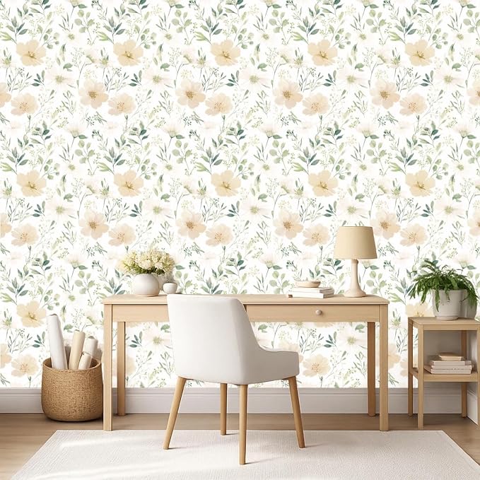 Floral Peel and Stick Wallpaper 17.7in x 70.8in | Watercolor flower removable self adhesive design for cottagecore bedroom accent walls