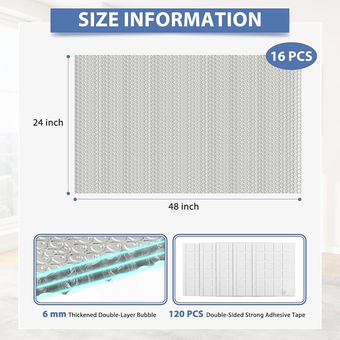 FONUNO Reflective Bubble Insulation Sheet Garage Door Insulation Kit | 6MM Thick Reflective Insulation Roll Garage Door Insulation Panels for Windows RV Roof Attic Wall (24IN X 48IN, 16 PCS)