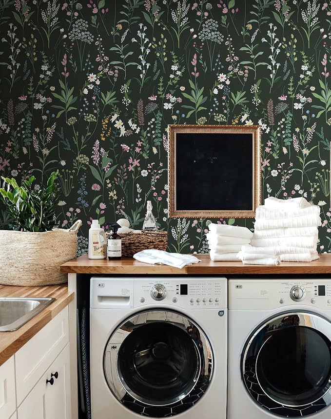 JiffDiff Floral Wallpaper Peel and Stick Farm Floral 472" x 17.3" Wildwood Wall Paper Dark Stick on Wallpaper Self Adhesive Contact Paper Coverage 56 sq.ft