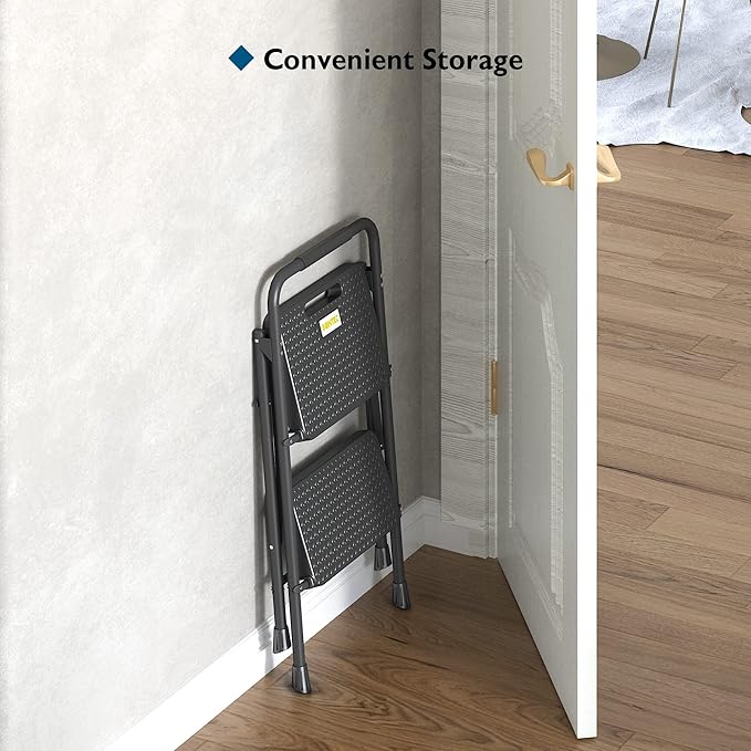 BONTEC 2-Step Ladder, Folding Step Stool, 600lbs Max Load Capacity, Sturdy Steel, Non-Slip Pedals, Lightweight, Portable Steel Ladder with Convenient Handrail, Safety Design for Home & Work, Black