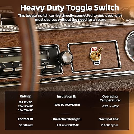 DaierTek Toggle Switch 12V with Gold Handle SPST 12 Volt 30A Heavy Duty On/Off DC Automotive Industrial Car Rocker Toggle Switch