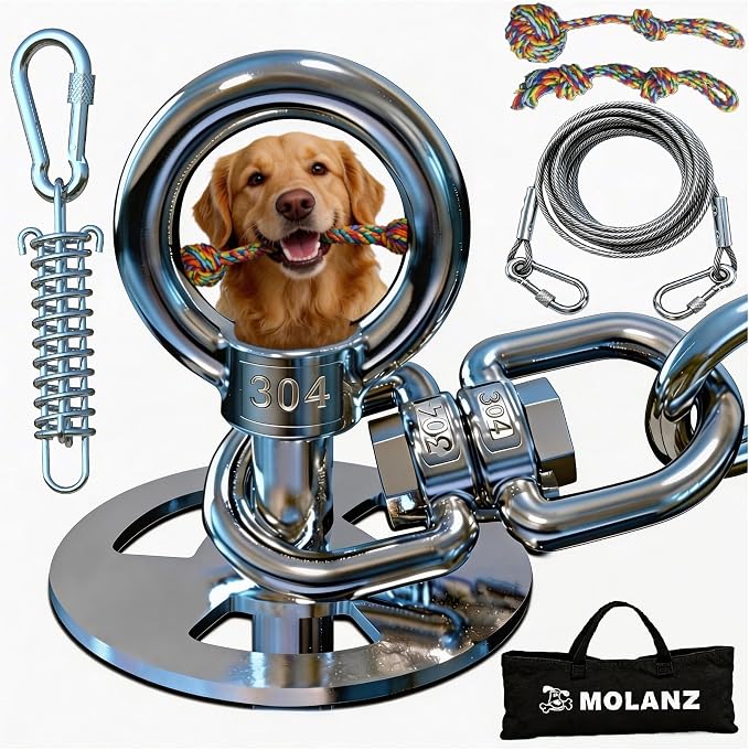 23" Dog Tie Out Stake with Spring, 20ft Cable & Chew Toy, Heavy Duty 304 Stainless Steel Anchor, 2x360° No Tangle Swivel for Large Medium Dogs, Yard & Camping (Stake/20ft Cable/Toy/250lbs)