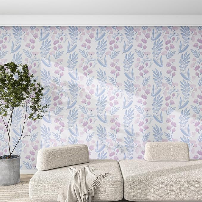 Floral Peel and Stick Wallpaper, Purple, 17.7"x393" | Self-Adhesive, Vinyl, Removable, Boho Contact Paper, Flower Wall Paper for Bedroom, Living Room, Bathroom