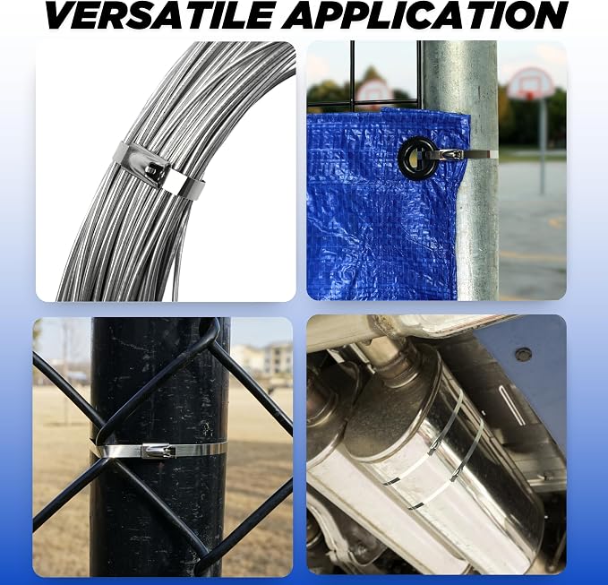 Stainless Steel Zip Tie & Gun - Outdoor Zip Ties Heavy Duty UV & Corrosion Resistant – 100 Count 15.75in Metal ZipTie - Zip Tie Gun & Steel Zip Ties for Fence, Tarps, Cables, & Exhaust Pipe
