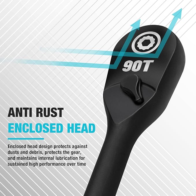 DURATECH Extra Long Handle 3/8-Inch Drive Ratchet, 90-Tooth Ratchet Wrench | Socket Wrench with 12" Handle and Dust Proof Teardrop Enclosed CR-MO Head, Reversible, CR-V Made, Black Mn Phosphate Finish