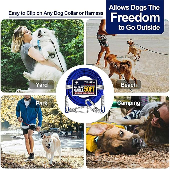 Tie Out Cable for Dogs Up to 300lbs,50ft Extra Strong 1000lbs Break Strength Tie-Out Tether Trolley Training Lead,Dog Run Cable for Yard Garden Park Camping Outside (300lbs 50ft, Blue)