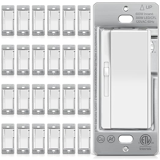 BESTTEN 24 Pack Super Slim Dimmer Light Switch for 300W Dimmable LED/CFL Lights and 600W Incandescent/Halogen, Single Pole/3-Way LED Slide Dimmer, ETL Listed, White