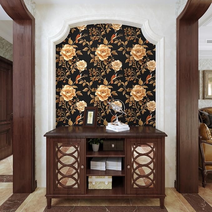 Laatse Vintage Floral Bird Wallpaper Peel and Stick Boho Wallpaper 17.5in x393in Black/Golden Floral Wall Mural Waterproof Self-Adhesive Modern Wall Paper for Bedroom Kitchen Cabinet Drawer Decor