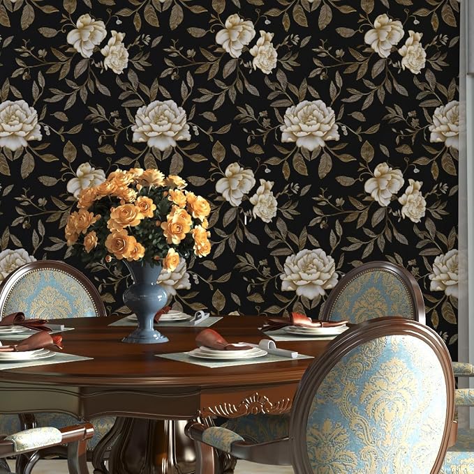 Dark Golden White Peony Floral Wallpaper Peel and Stick 17.5"x787" | Self Adhesive/Removable/Waterproof/Thick Vinyl Extra Long Contact Paper for Bathroom Bedroom Shelf Cabinet Drawer,Prepasted