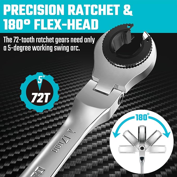 DURATECH 6-Piece Ratcheting Wrench Set with Open Flex-Head, Tubing Wrench | Metric, 10-17mm, 72-Tooth Gear, CR-V Steel, Organizer Bag, Gifts for Men