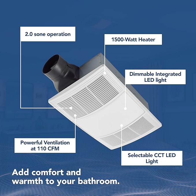 Broan-NuTone BHFLED110 PowerHeat Bathroom Exhaust Fan, Heater, and LED Light Combination, 110 CFM