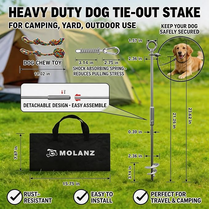 23" Dog Tie Out Stake with Spring, 20ft Cable & Chew Toy, Heavy Duty 304 Stainless Steel Anchor, 2x360° No Tangle Swivel for Large Medium Dogs, Yard & Camping (Stake/20ft Cable/Toy/250lbs)