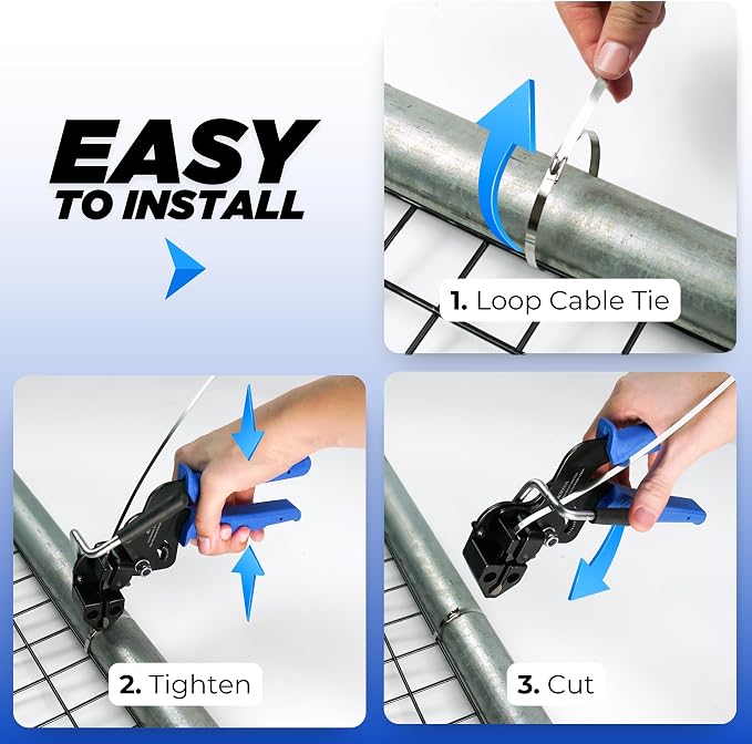Stainless Steel Zip Tie & Gun - Outdoor Zip Ties Heavy Duty UV & Corrosion Resistant – 100 Count 15.75in Metal ZipTie - Zip Tie Gun & Steel Zip Ties for Fence, Tarps, Cables, & Exhaust Pipe