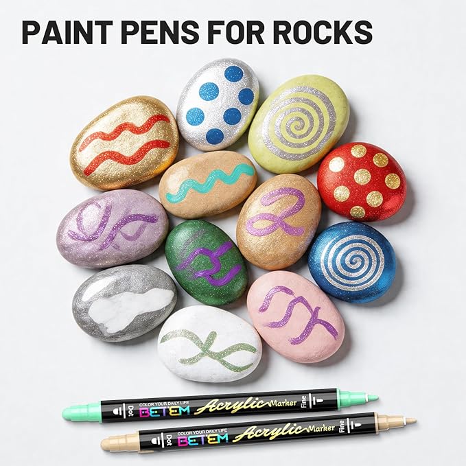 Betem 30 Metallic Dual Tip Acrylic Paint Markers, Fabric Decorating Kits Premium Water-Based Acrylic Paint Pens Art Supplies for Fabric, Rock, Wood, Glass, Canvas, Ceramic, Teacher Appreciation Gift