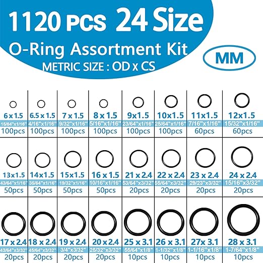 ZDBB 24 Size Rubber O Ring Set,1120 Pcs Black Small O Rings Assortment Kits,Assorted Metric Sealing Washer for Auto Plumbing Faucet Water Air or Gas Repair