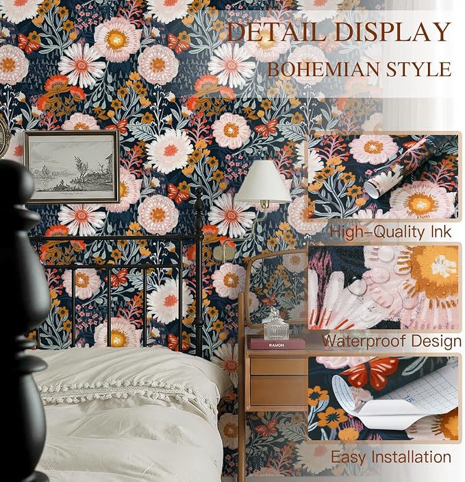 Dimoon Boho Wallpaper Peel and Stick Wallpaper Floral Retro Contact Paper 17.3''x385'' Dark Blue Vintage Bohemian Removable Wall Paper Renter Friendly Waterproof Wall Mural for Bedroom Bathroom Vinyl