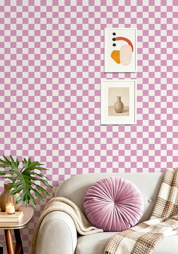 Yasinet Pink Peel and Stick Wallpaper Checkered Wallpaper Modern Pink and White Checkerboard Contact Paper Girl Bedroom Removable Self Adhesive Wall Paper Waterproof for Bathroom Vinyl 17.3" × 393.7“