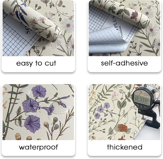 Wallpaper Self-Adhesive Blooming Vintage Colourful Flowers Wall Paper for Bedroom Living Room Cabinet, Peel and Stick Beige Sketch Little Flowers Wallpaper Mural 47.36 sq. feet (393.7"x17.3")