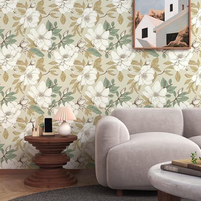 Beige Magnolia Floral Peel and Stick Wallpaper 17.5"x118" | Self Adhesive/Removable/Waterproof/Thick Vinyl Vintage Contact Paper for Bathroom Bedroom Shelf Cabinet Drawer,Prepasted