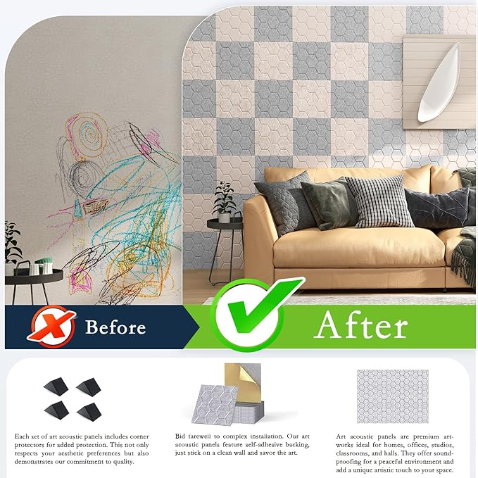 12Pack Acoustic Wall Panels, Honeycomb Self-Adhesive Sound Proof Foam Panels for Walls, High Density Decorative Hexagon Sound Absorbing Wall Tiles for Recording Studios, Home, 12"×12"×0.4", Grey