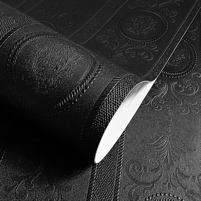 Black 3D Embossed Textured Peel Stick Wallpaper 17.3"x800" | Removable Renter Friendly Contact Paper, Waterproof Self Adhesive Wallpaper for Bedroom, Bathroom, Decor,96 sq.