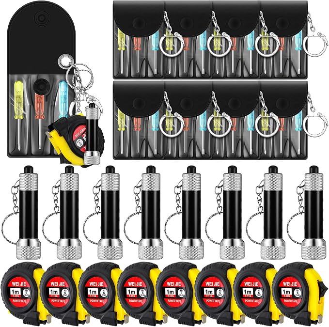 Jutom 18 Pcs Mini Tape Measure Keychain Screwdriver LED Light Keychain Bulk Men Adult Tool Party Gifts Prize for Man Father's Day Housewarming Gifts Adult Useful Tool Favors (Black)