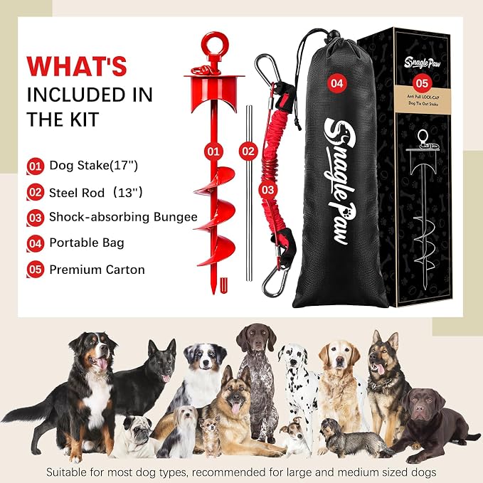 Snagle Paw Dog Tie Out Stake with Lock-Cap up to 360 Lbs,Heavy Duty Dog Stakes for Outside/Yard/Camping with Buffer Spring,360°Swivel Rust Proof Ground Anchor for Dog Cable,Leash,Chain