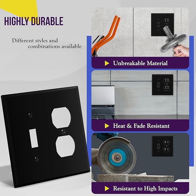 ENERLITES Combination Toggle Light Switch/Duplex Receptacle Outlet Wall Plate, Mid-Size 2-Gang 4.88" x 4.92", Polycarbonate Thermoplastic, 881121M-BK, Black (2 Pack)