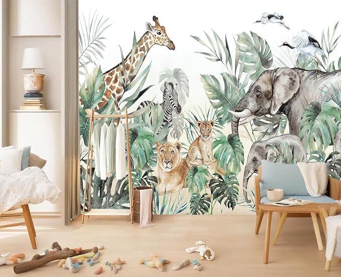 YIHWM-Peel and Stick Animal Wallpaper Tropical Rainforest Zoo Theme Mural | Tear-resistant,with a substantial feel;Will not be damaged during repositioning.Boy's Room,kids room wallpaper.L-137"x96"