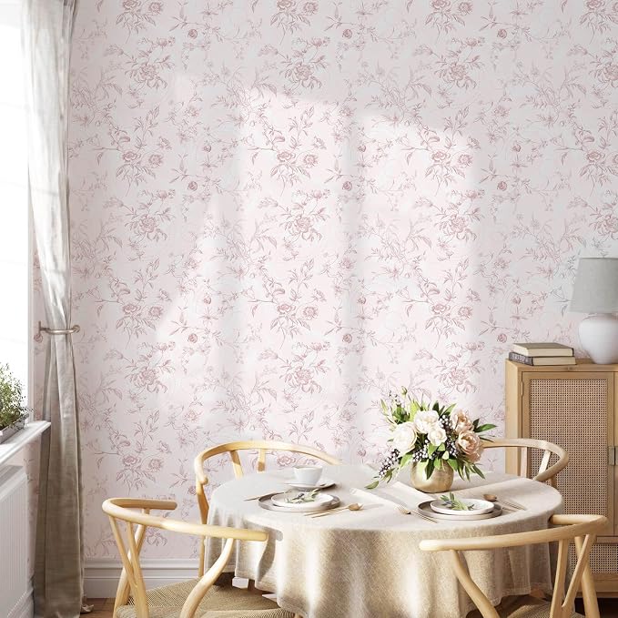Ismoon Peel and Stick Wallpaper Floral Pink Stick on Wall Paper Vintage French Contact Paper for Cabinet Textured Removable Self Adhesive Wallpaper Vinyl Roll Shelf Deco, 17.3x78.7in