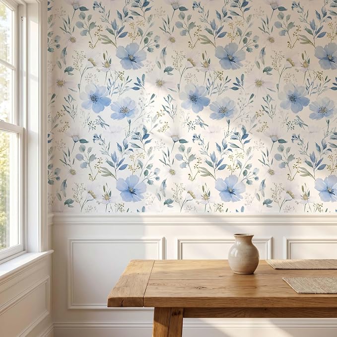 Light Blue Floral Peel and Stick Wallpaper, 17.7in x 393.7in | Self-adhesive and removable watercolor flower design for bedroom, living room, and accent wall