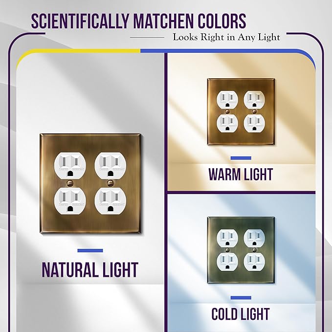 ENERLITES Antique Brass Double Duplex Receptacle Metal Wall Plate, Stainless Steel Outlet Cover, Corrosion Resistant, Standard Size 2-Gang 4.50" x 4.57", Stainless Steel 201, 7722-AB