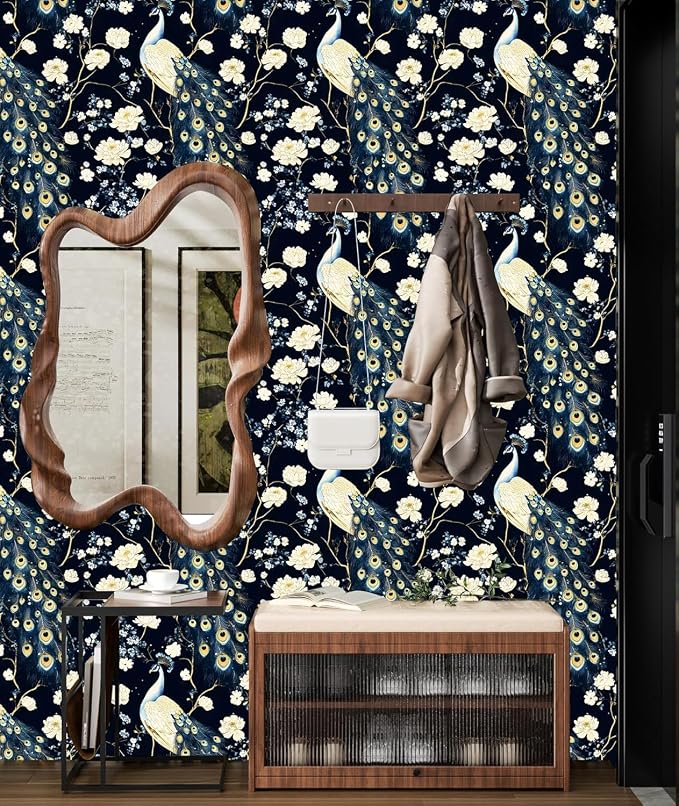 Black Vintage Peacock Peel and Stick Wallpaper 17.5" x 393" | Waterproof Vinyl Self Adhesive Removable Renter Friendly Floral Contact Paper