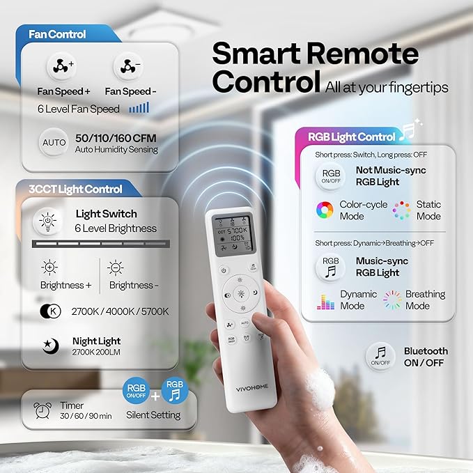 VIVOHOME Bathroom Exhaust Fan with RGB Light & Humidity Sensor (160-110-50CFM) & Bluetooth Speaker - 2700K/4000K/5700K LED Light, EC Motor Retrofit Bath Fan, No Attic Access Needed