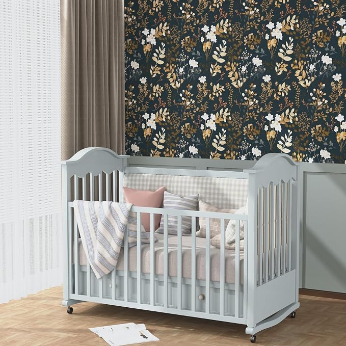 Vintage Dark Navy Gold Floral Peel and Stick Wallpaper 17.5"x787" | Self Adhesive/Removable/Waterproof/Thick Vinyl Extra Long Contact Paper for Bathroom Bedroom Shelf Cabinet Drawer,Prepasted