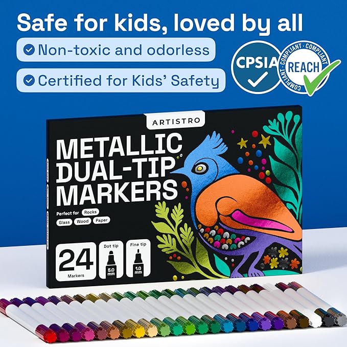 ARTISTRO 24 Metallic Precision Dual-Tip Acrylic Paint Markers – Paint Pens Set with Dot & Fine Tips for Fabric, Rock, Glass, Wood, Coloring Books – Classroom & Art Supplies Teacher Appreciation Gift