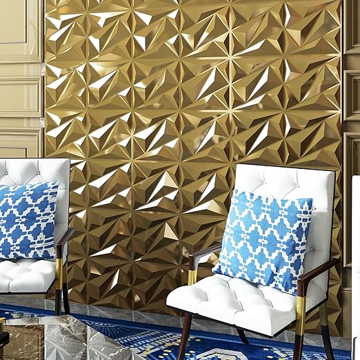 33 Pack 3D Wall Panel Diamond for Interior Wall Décor, PVC Textured Wall Panels, 12''x12'' Cover 32.Sq.Ft. Golden