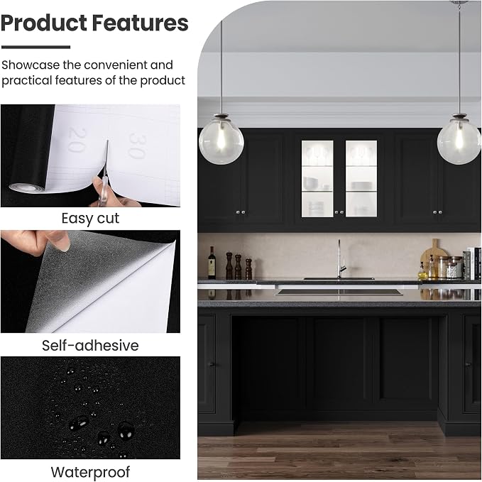 Peel and Stick Wallpaper Black Contact Paper for Cabinets and Drawers | 15.7" x 118" Removable Wall Paper Self Adhesive Vinyl Film Roll Easy to Apply Bathroom Home Decor Counter Top Covers