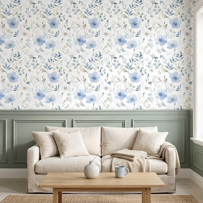 Light Blue Floral Peel and Stick Wallpaper, 17.7in x 70.8in | Self-adhesive and removable watercolor flower design for bedroom, living room, and accent wall