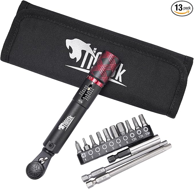 Tigrisk® 1/4 Drive Bike Torque Wrench, Preset Torque 2-14Nm, ±4% Precision | Individually calibrated with unique certificate. 0.1Nm adjustment, click stop, Hex/Torx bits for road, MTB and carbon bikes.