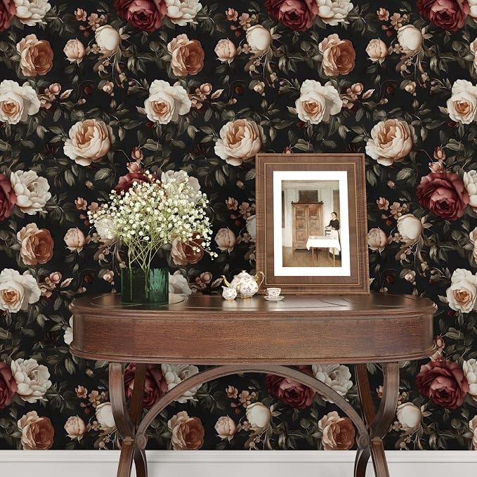 Gothic Black Red Rose Floral Wallpaper Peel and Stick 17.5"x118" | Self Adhesive/Removable/Waterproof/Thick Vinyl Vintage Contact Paper for Bathroom Bedroom Shelf Cabinet Drawer,Prepasted