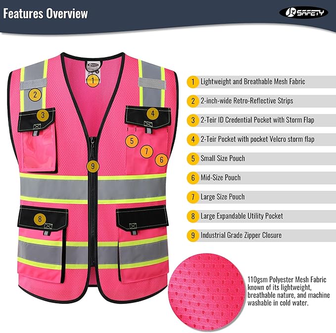 JKSafety Hi Vis Reflective Safety Vests for Men Women High Visibility Vest with Pockets Mesh Fabric Construction Safety Apparel Neon Vest for Work (220-Pink L)