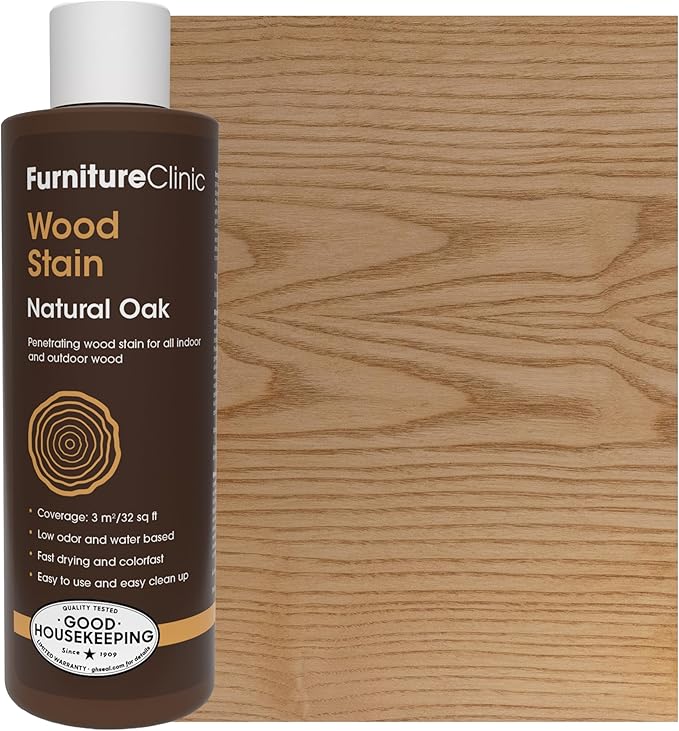Furniture Clinic Wood Stain | Natural Oak | Water Based | Fast Drying, Low Odor, & Non-Toxic | for Indoor & Outdoor Furniture and More | Multiple Finishes | (8.5oz / 250ml)