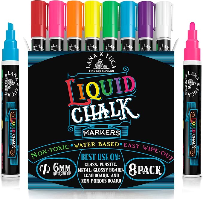 LANA & LUCA Liquid Chalk Markers for Blackboards - Bold Color Dry Erase Marker Pens - Chalkboards Signs, Windows, Blackboard, Glass - 6mm Reversible Tip (8 Pack)