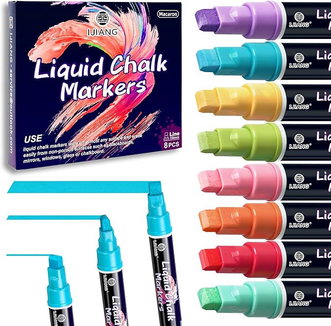 IJIANG Liquid Chalk Markers for Windows, Glass, Mirrors, Cars, Erasable Chalk Markers with 10mm 3-in-1 Tips, Pastel 8 Colors Drawing Chalk Pens For Blackboard, Chalkboard, Calendar, Whiteboard