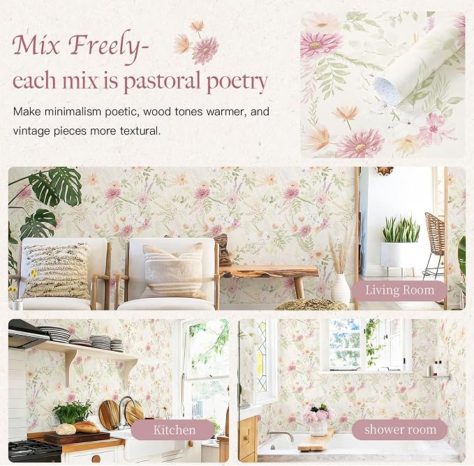 Dimoon Floral Peel and Stick Wallpaper Beige Boho Neutral Cottage Contact Paper Bathroom Cabinets Farmhouse Renter Friendly Removable Waterproof Kitchen Vinyl 394"x17.3"