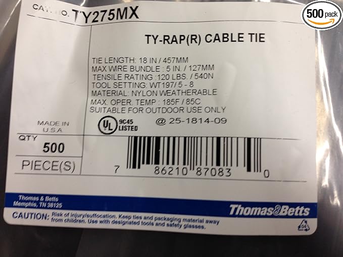 Thomas & Betts TY275MX Cable Tie 120lb 18" Ultraviolet Resistant Black Nylon with Stainless Steel Locking Device Bulk Pack (500 Pack)