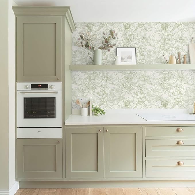 Ismoon Vintage Floral Wallpaper Peel and Stick Beige and Green Contact Paper 17.3inx6.5ft Removable Self Adhesive Wall Paper for Bathroom Bedroom Cabinet Mural Wall Decor Vinyl Renter Friendly