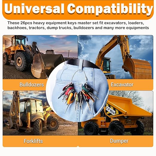 26 Heavy Equipment Master Keys, Construction Mchinery Key Set for Cat Caterpillar John Deere Case Bobcat JLG JCB Volvo Hyster New Holland Yanmar Takeuchi Kubota Komatsu