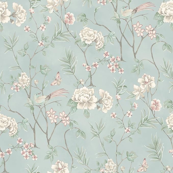 NuWallpaper Chinoiserie Garden Robins Egg Peel and Stick Wallpaper, Removable Wallpaper, 20.5 in x 18 ft